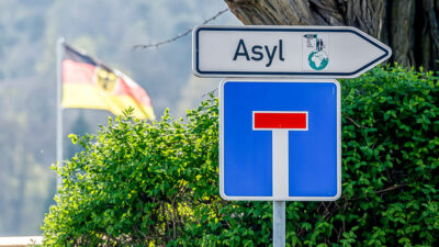 Asyl, Flüchtlinge, Fahne, Deutschland, Sackgasse, Schild, Verkehrsschilder